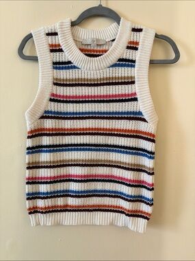 LOFT Ivory Sleeveless V-Neck Striped Knit Sweater Vest